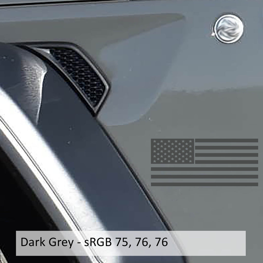 Dark gray American flag fender vinyl decal shown on silver Jeep Wrangler JL fender panel