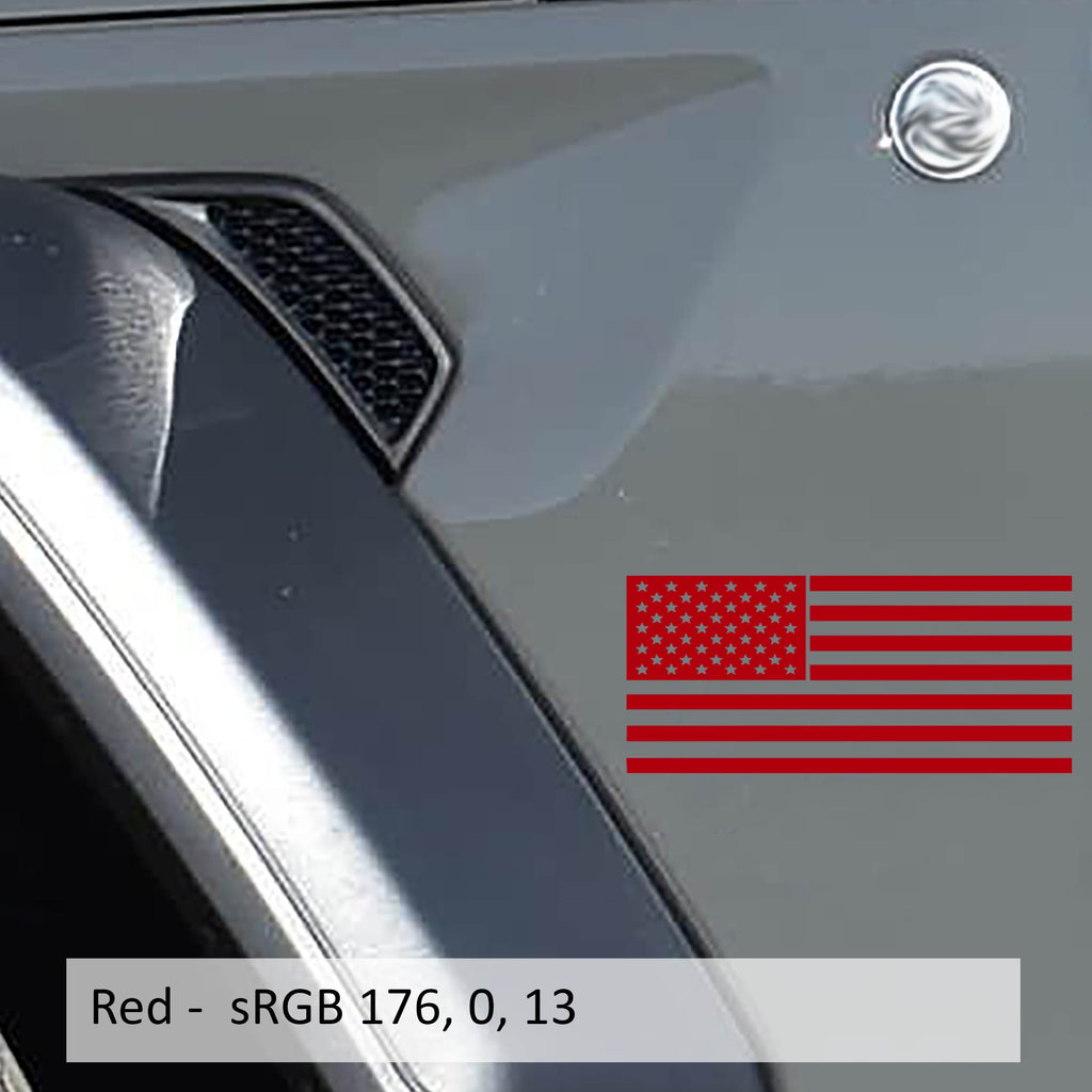 Red American flag fender vinyl decal applied to silver Jeep Wrangler JL front fender panel