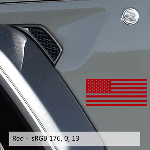 Red American flag fender vinyl decal applied to silver Jeep Wrangler JL front fender panel