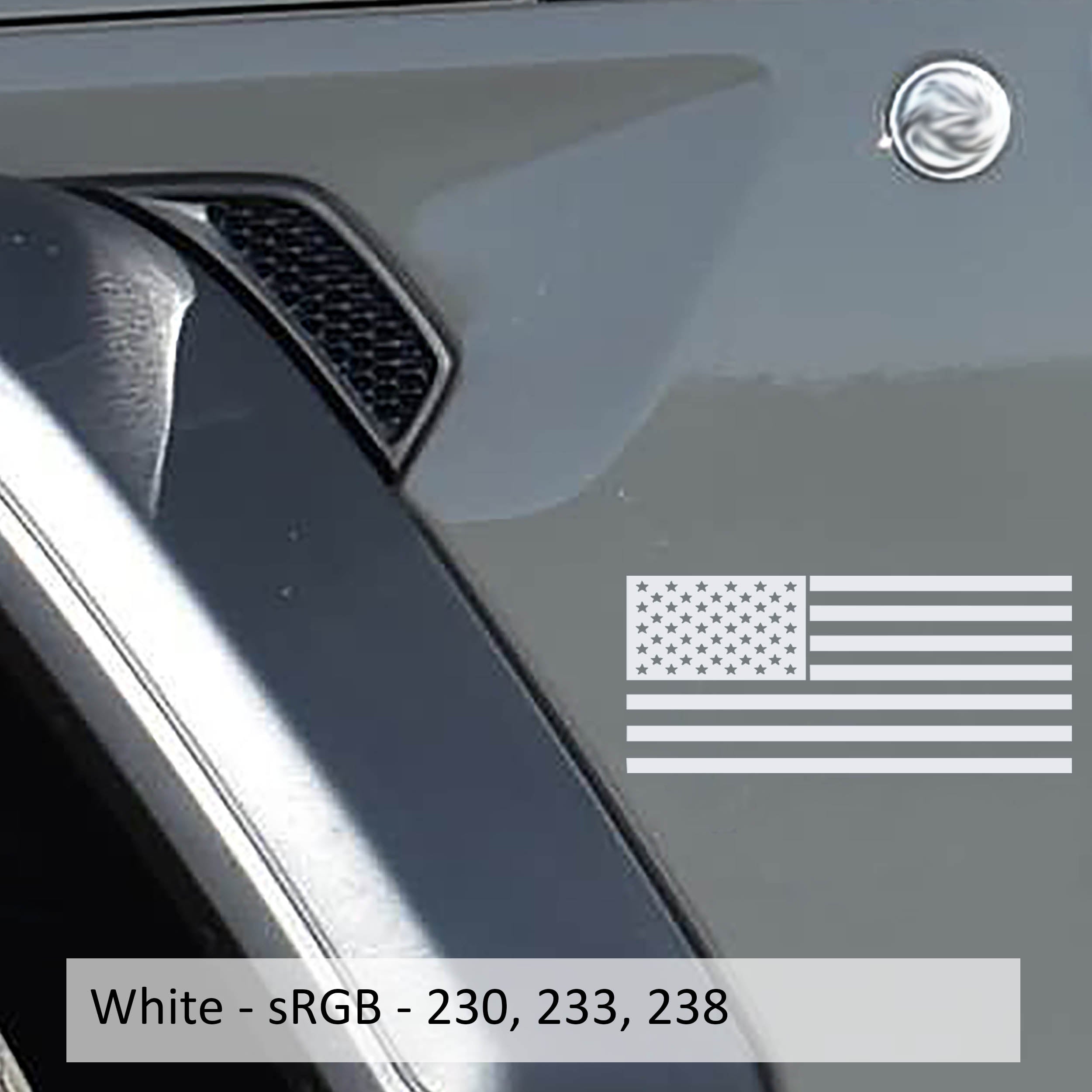 White American flag fender vinyl decal applied to silver Jeep Wrangler JL front fender panel