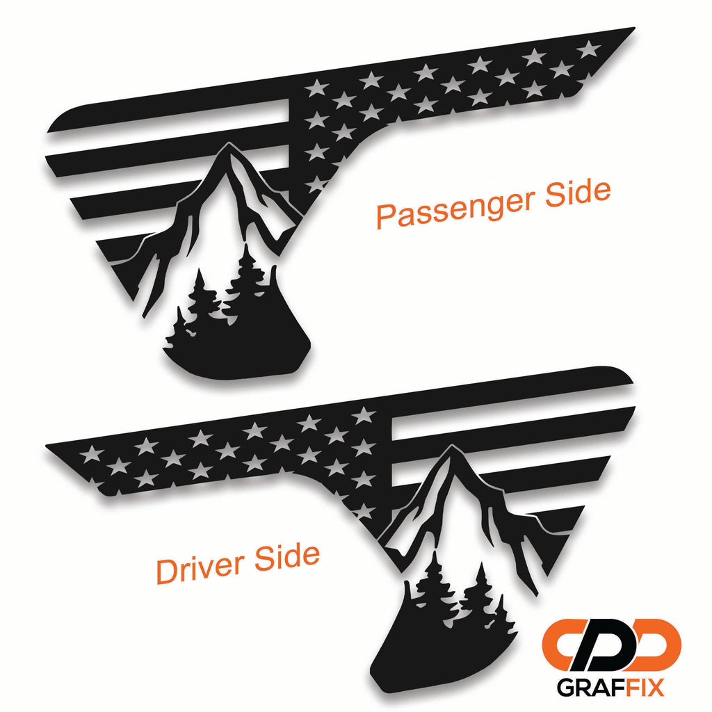 American flag mountains fender vent decal applied to billet vent panel close-up product view