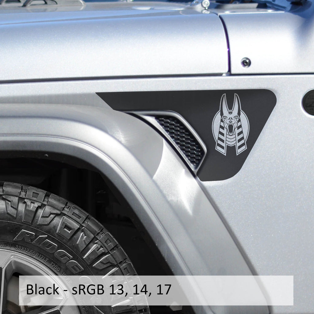 Black Egyptian Anubis head decal applied to Jeep billet aluminum fender vent insert