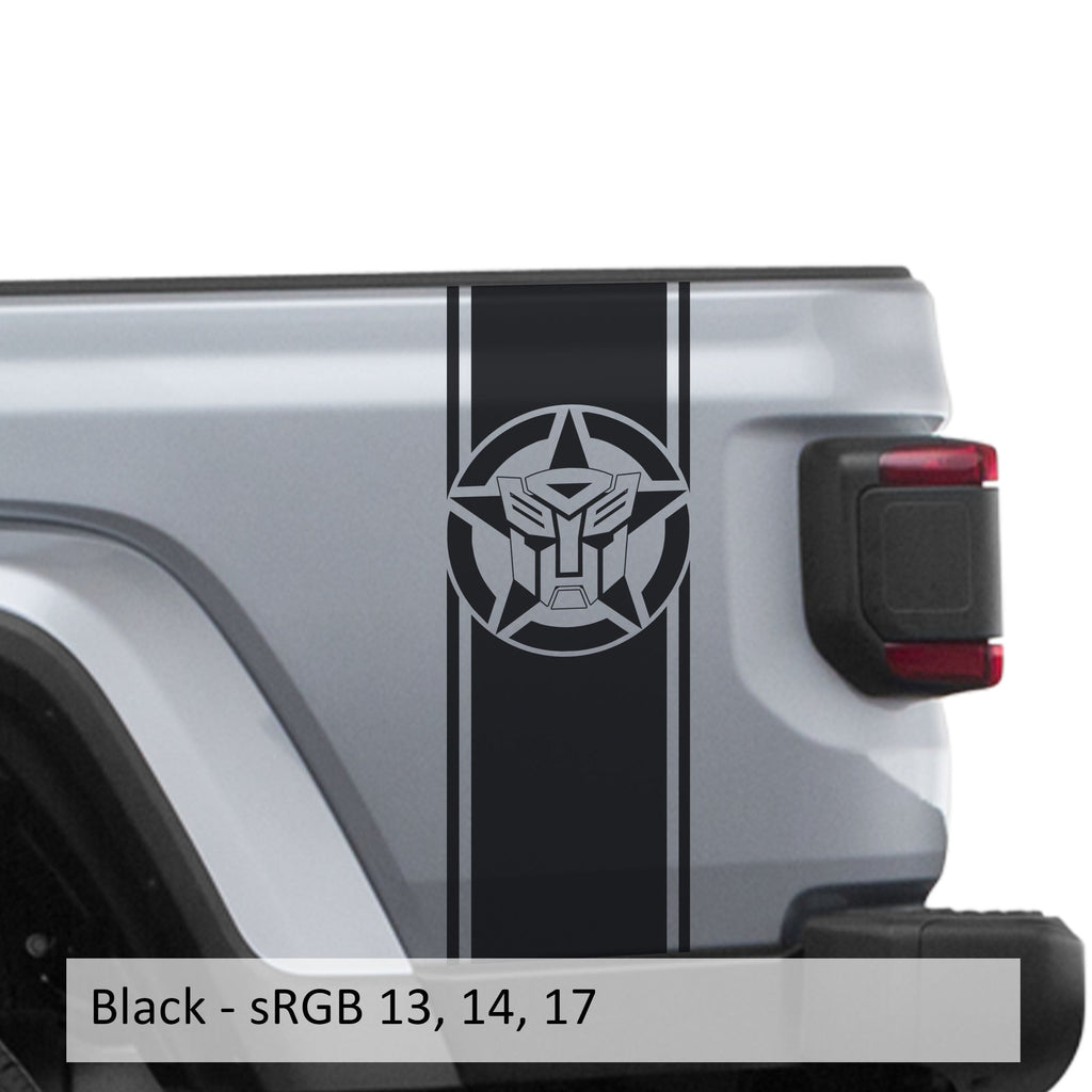 Black Autobot star bedside stripe decal pair installed on Jeep Wrangler JL pickup bed