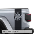 Black Autobot star bedside stripe decal pair installed on Jeep Wrangler JL pickup bed