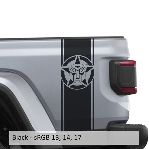 Black Autobot star bedside stripe decal pair installed on Jeep Wrangler JL pickup bed