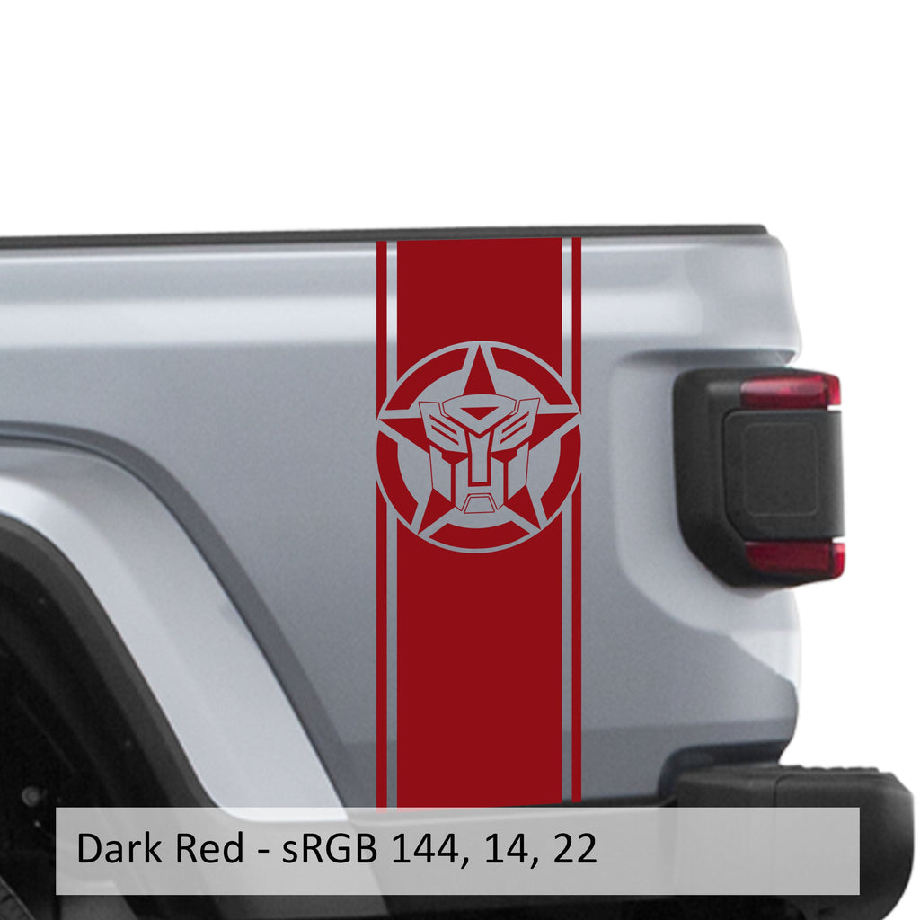 Dark red Autobot star bedside stripe decal pair installed on Jeep Wrangler JL pickup bed