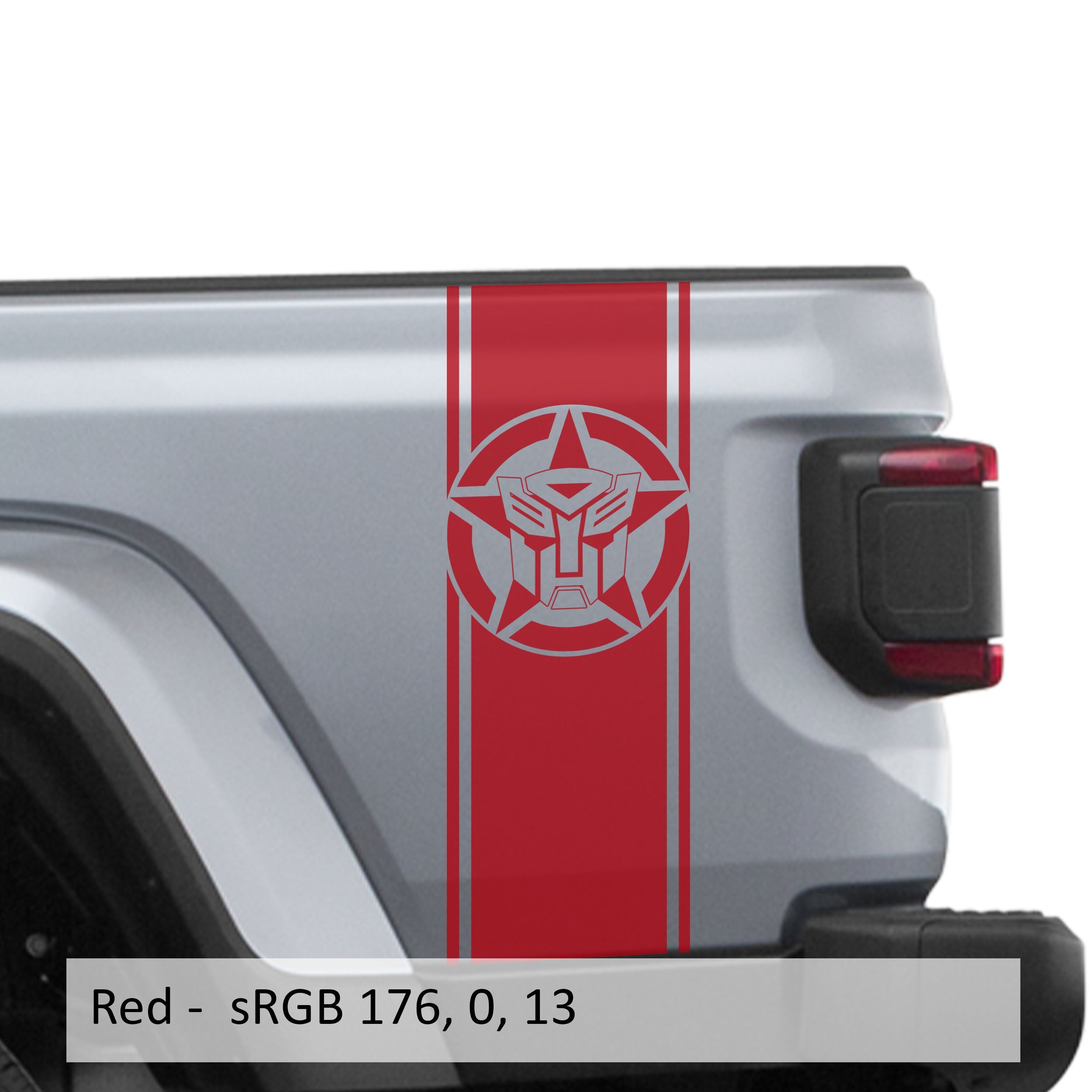 Red Autobot Alpha Romeo star bedside stripe decal pair on Jeep Wrangler JL pickup bed
