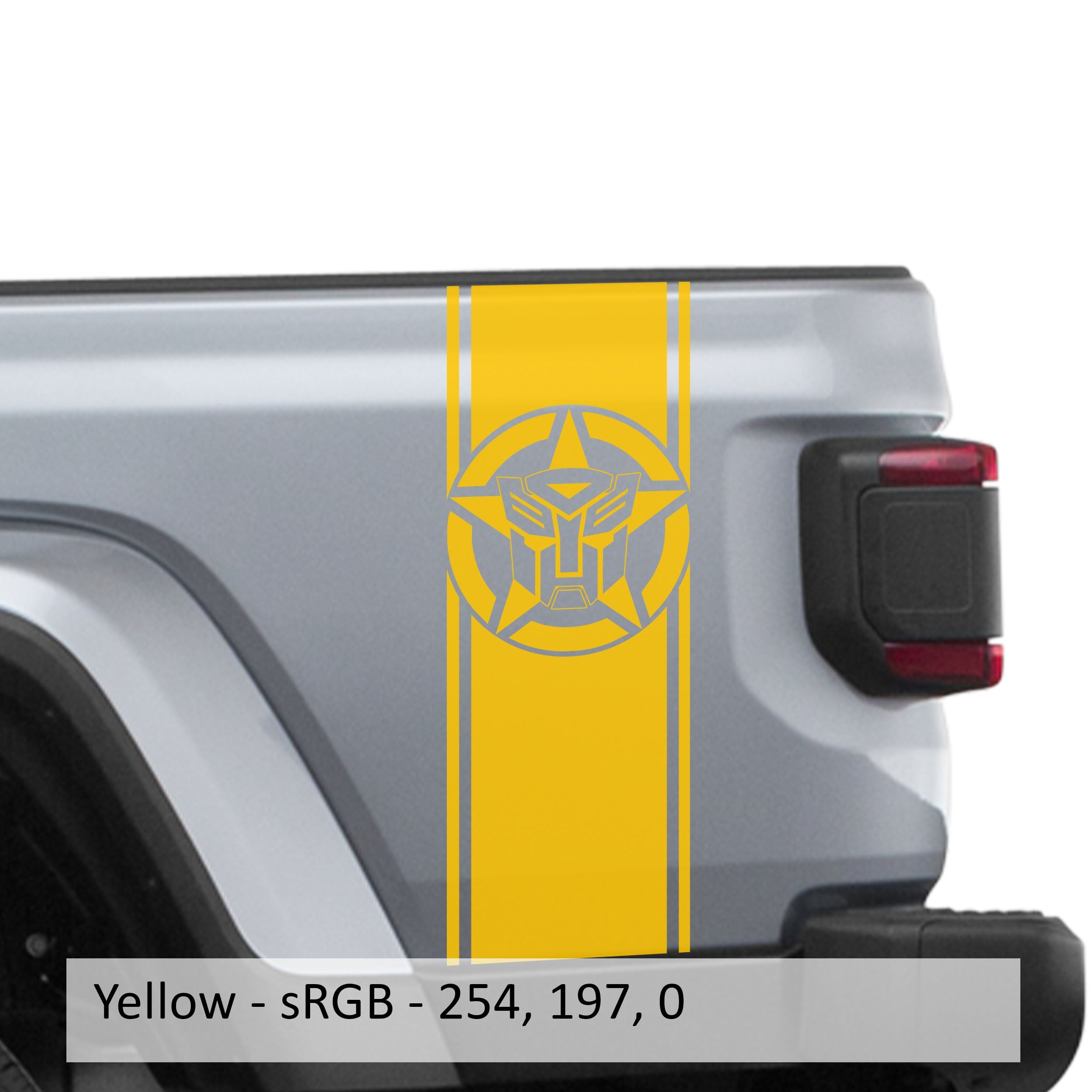 Yellow Autobot star bedside stripe decal pair installed on Jeep Wrangler JL pickup bed
