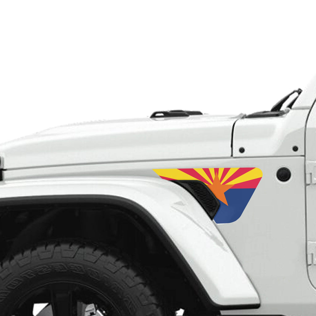 Arizona state flag fender vent decal shown on Jeep Wrangler JL JT 2018 plus with color swatches