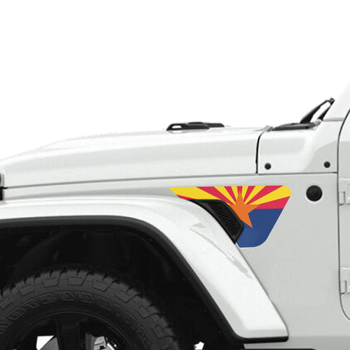 Arizona state flag fender vent decal shown on Jeep Wrangler JL JT 2018 plus with color swatches
