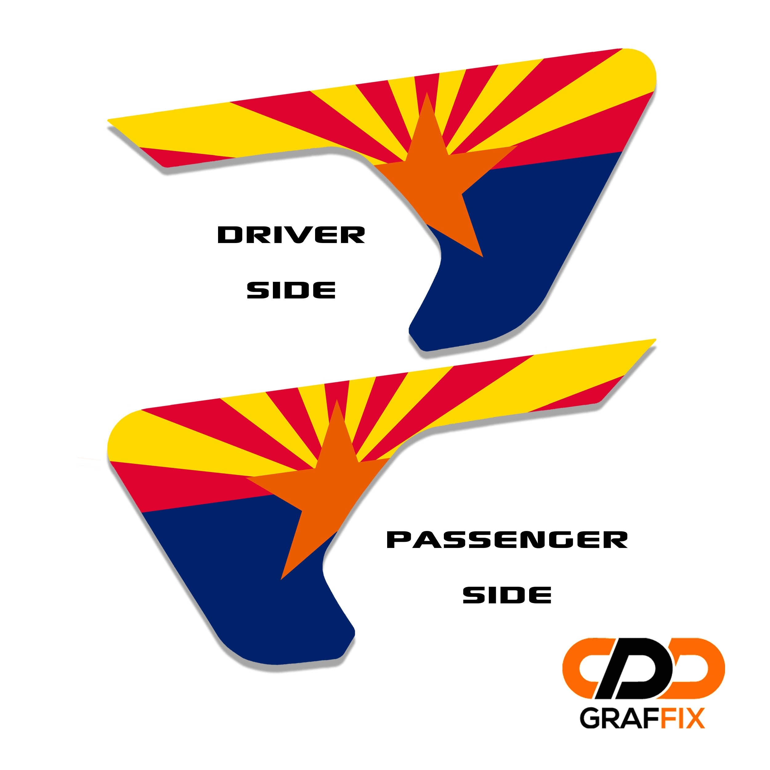 Arizona state flag 2 piece fender vent decal set with named Oracal 651 vinyl color swatches