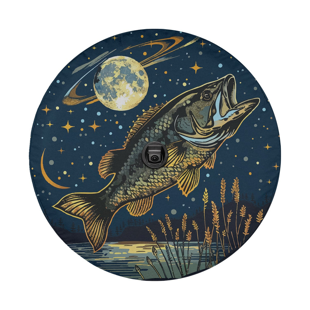 Bass under moonlight spare tire cover with center camera port showing leaping fish and saturn moon