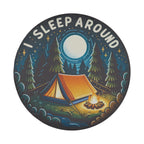 I sleep around camping edition tire cover on a black Jeep Wrangler with tent campfire pines and full moon