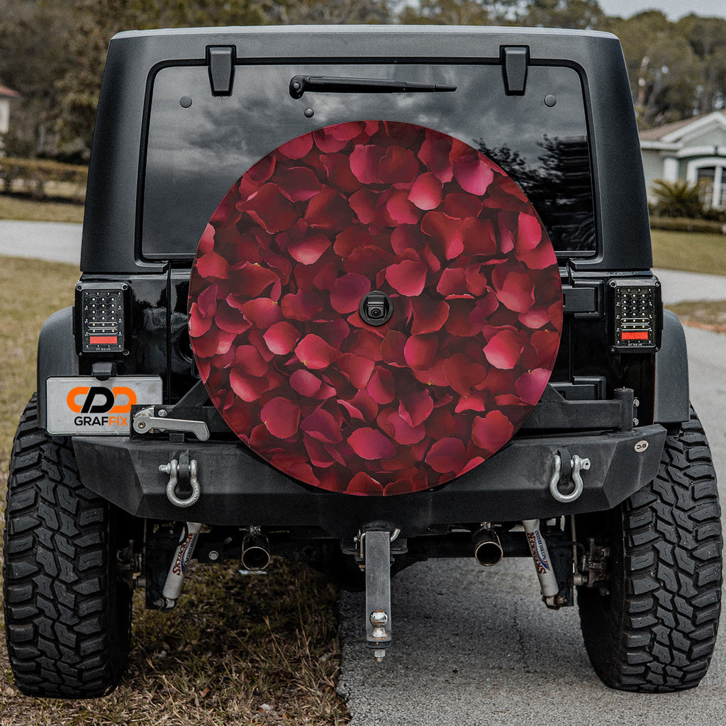 Romance Bloom spare tire cover detail close-up of velvet red rose petal repeating print