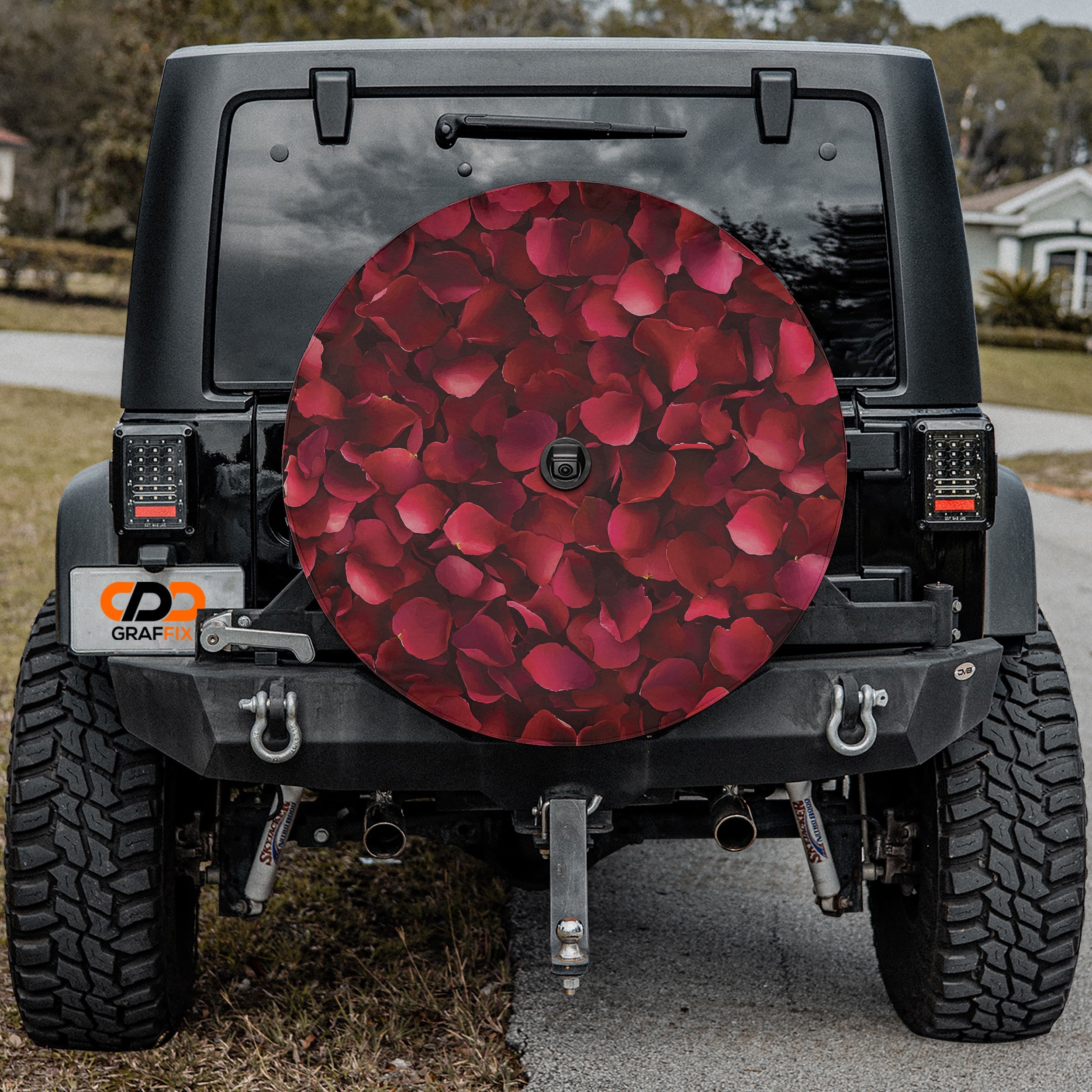 Romance Bloom spare tire cover detail close-up of velvet red rose petal repeating print