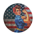 WWII Labor Woman spare tire cover product view of Rosie the Riveter on US flag no camera hole