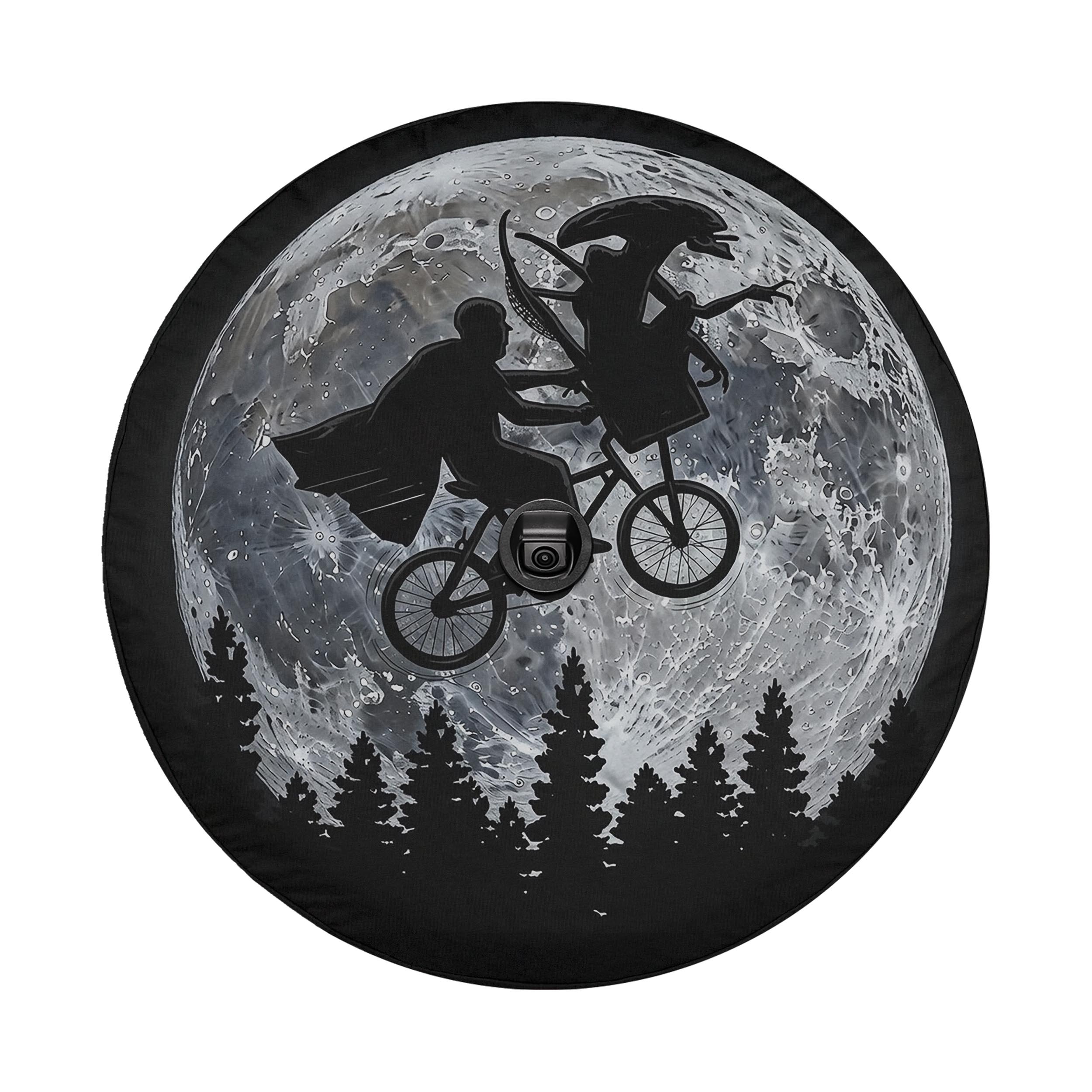A silhouetted image of a man riding a bicycle against a backdrop of a full moon and a forest of trees.