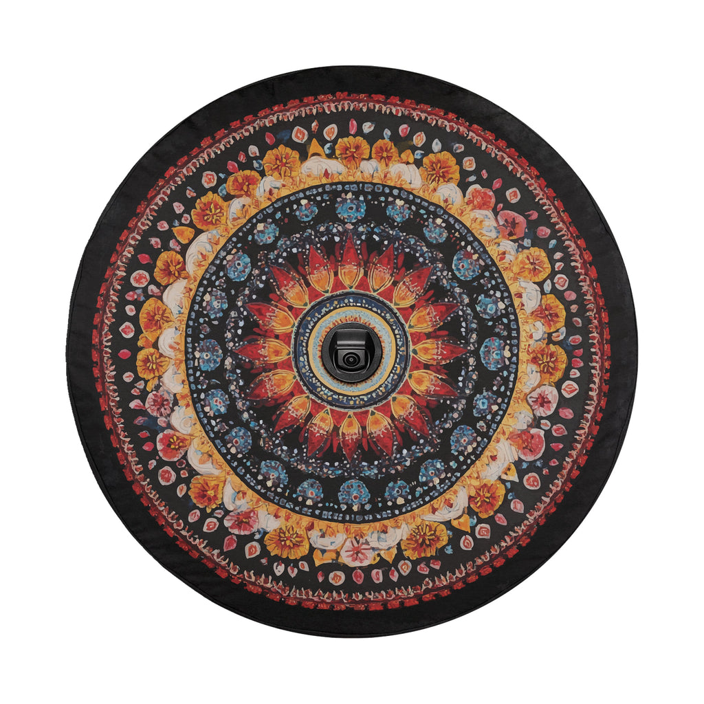 Detailed mandala spare tire cover with ornate concentric geometric design on circular canvas