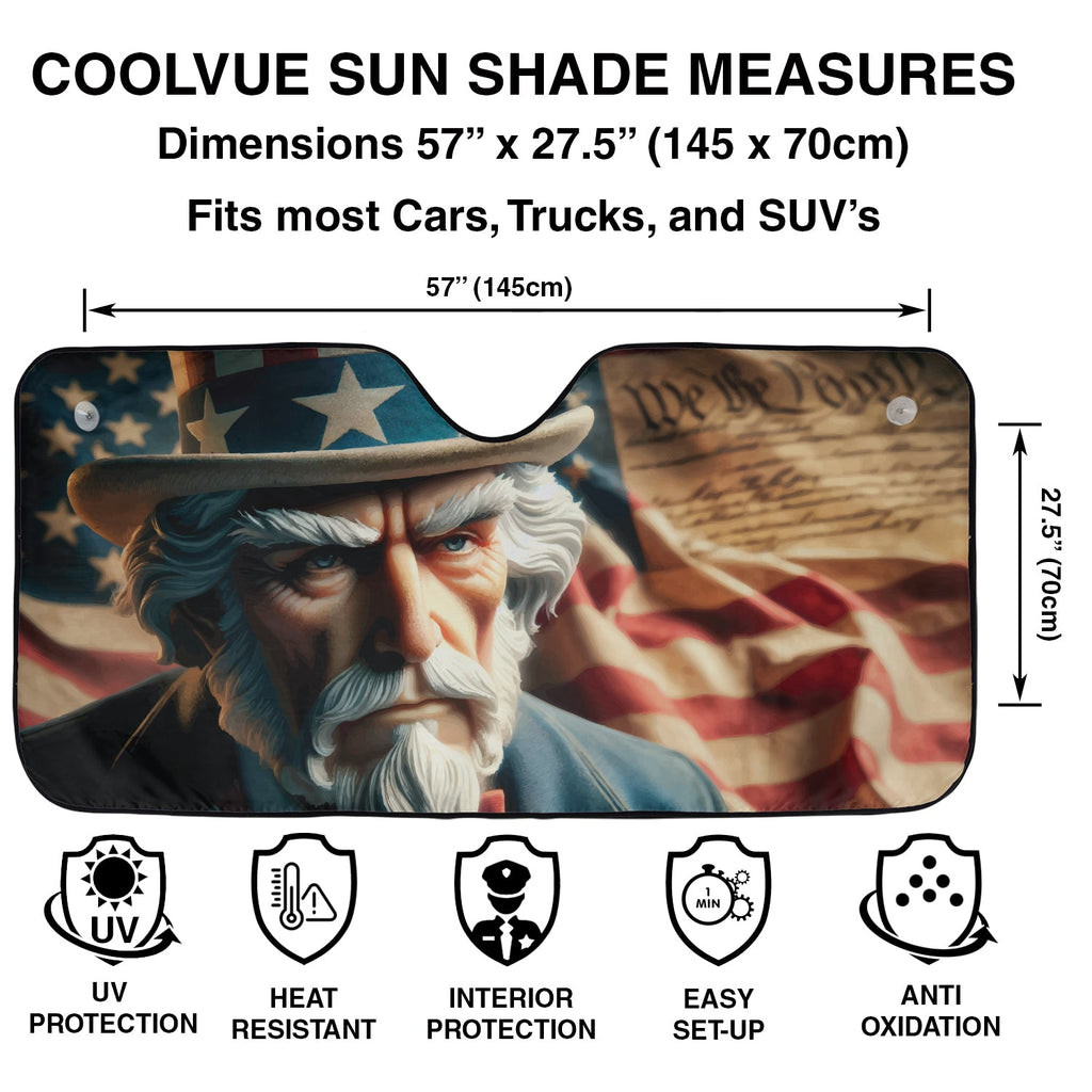 Uncle Sam We the People windshield sunshade specs with 57 by 27.5 inch dimensions and UV protection icons