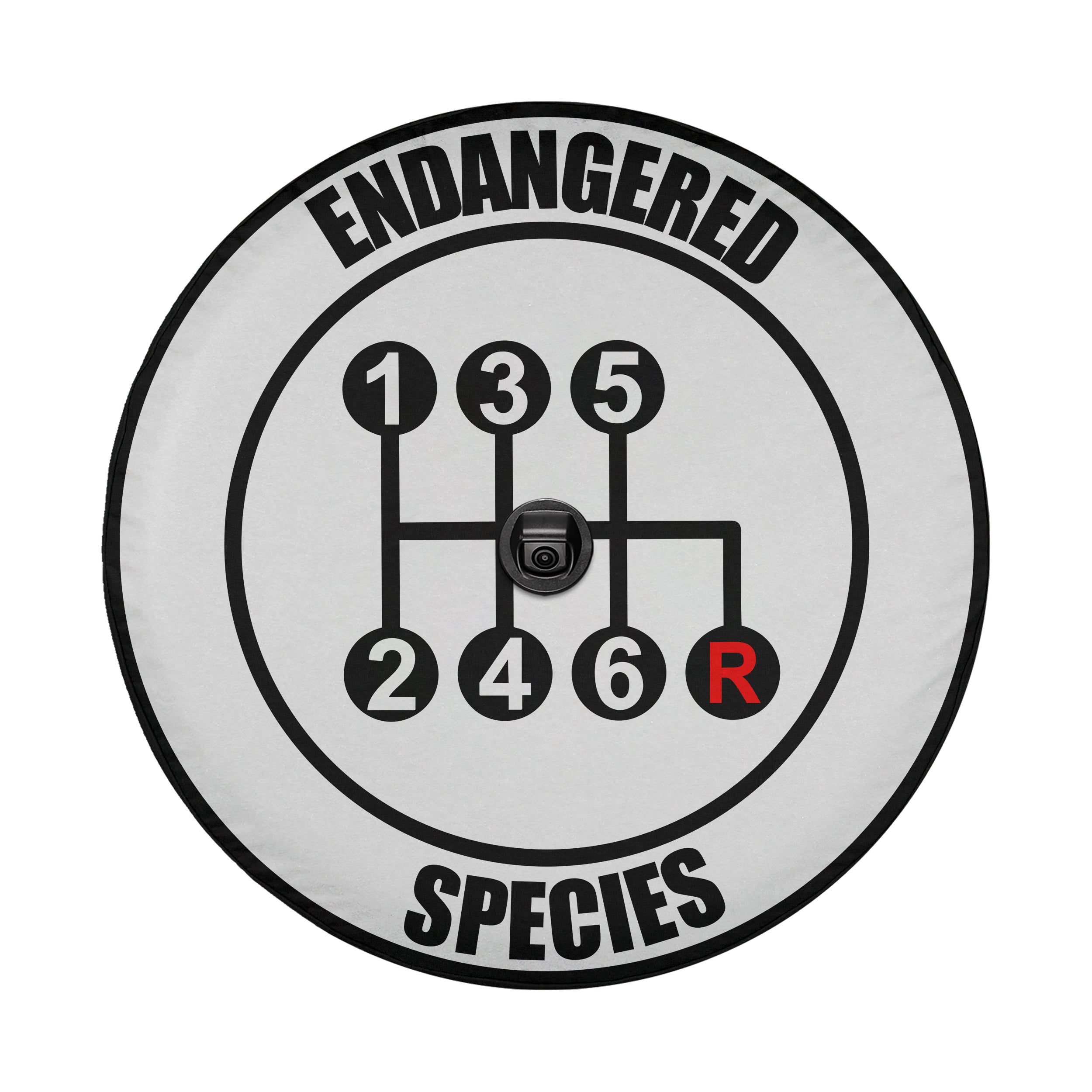 Endangered Species gear shift spare tire cover rear angle view on parked SUV outdoors