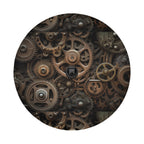 Round spare tire cover with bronze gears sprockets and backup camera hole opening on white background