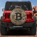 Bitcoin Crypto Token spare tire cover mounted on a red Bronco rear with golden B coin and circuit ring