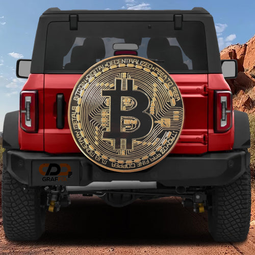 Bitcoin Crypto Token spare tire cover mounted on a red Bronco rear with golden B coin and circuit ring