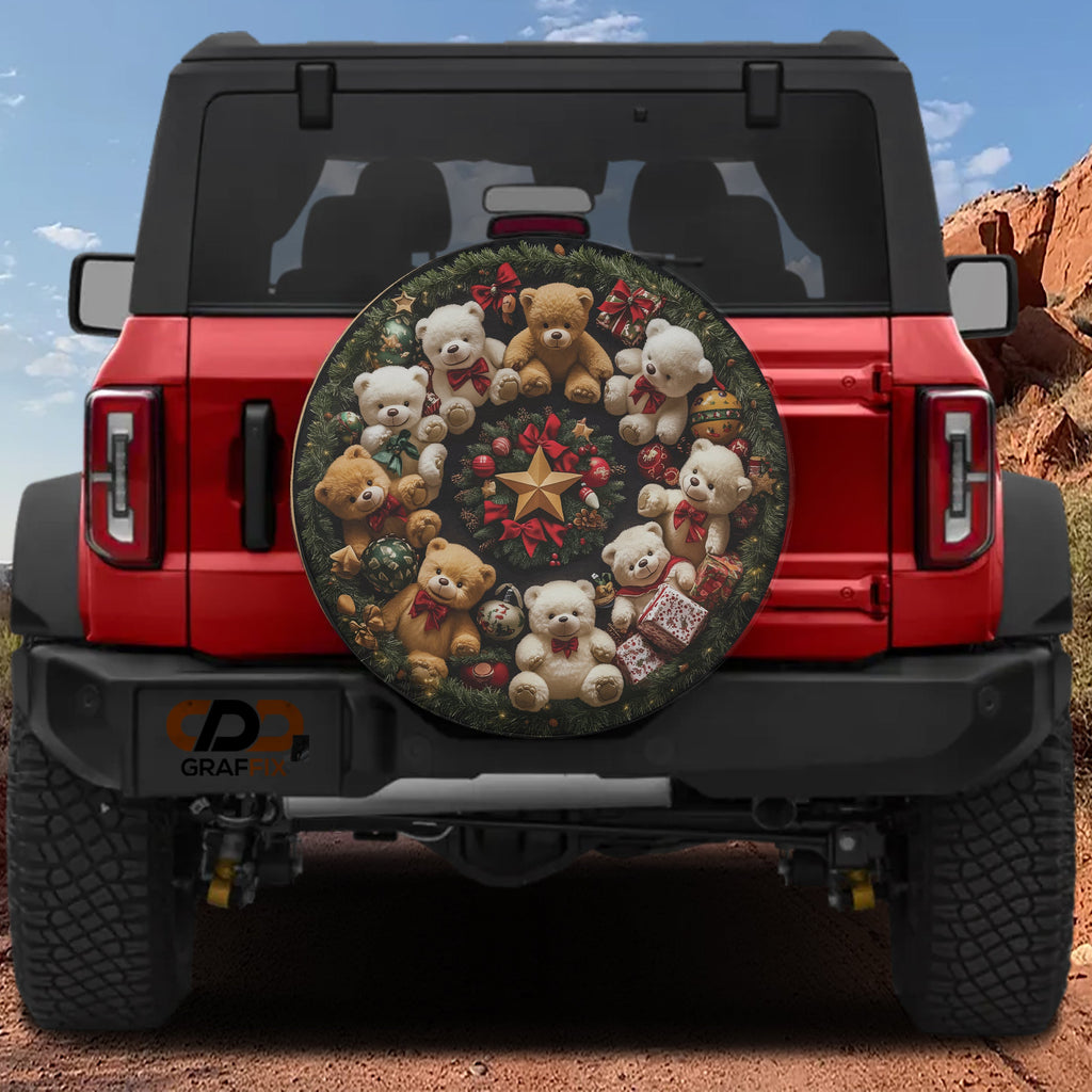 Teddy Bear Wreath spare tire cover on red Bronco circular tan and brown plush bear ornament design