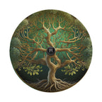 Norse Yggdrasil tree of life spare tire cover standalone view with golden roots and lush green canopy