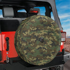 Woodland camo tire cover flat round front view showing traditional military green and brown blotch pattern