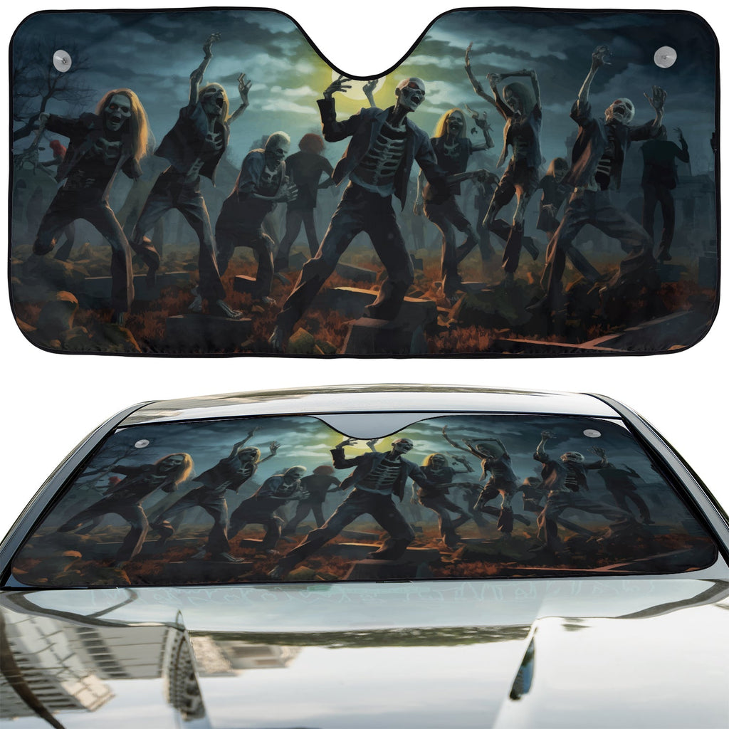 Zombie Dance accordion sunshade installed in a sedan windshield on a sunny urban city street view scene