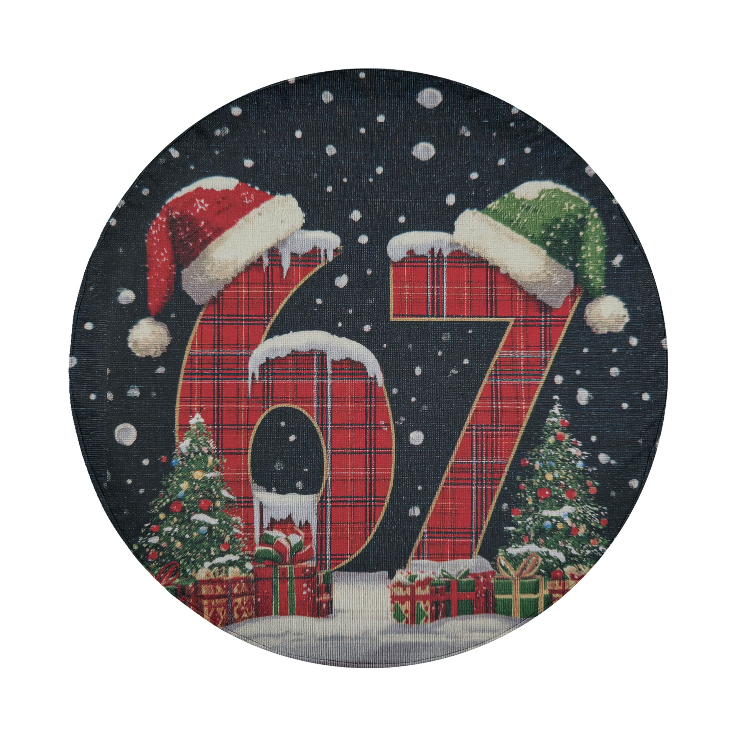 A circular image featuring a large number '67' made of plaid fabric, with two Santa hats on top of it, surrounded by Christmas trees and presents.