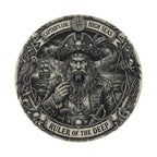 The image is a detailed illustration of a pirate, featuring a large skull and crossbones symbol, a pirate hat, and a ship in the background. The pirate is holding a pipe and appears to be smoking. The text "CAPTAIN'S LOG: HIGH SEAS" and "RULER OF THE DEEP" is prominently displayed around the pirate, emphasizing the pirate's title and role.