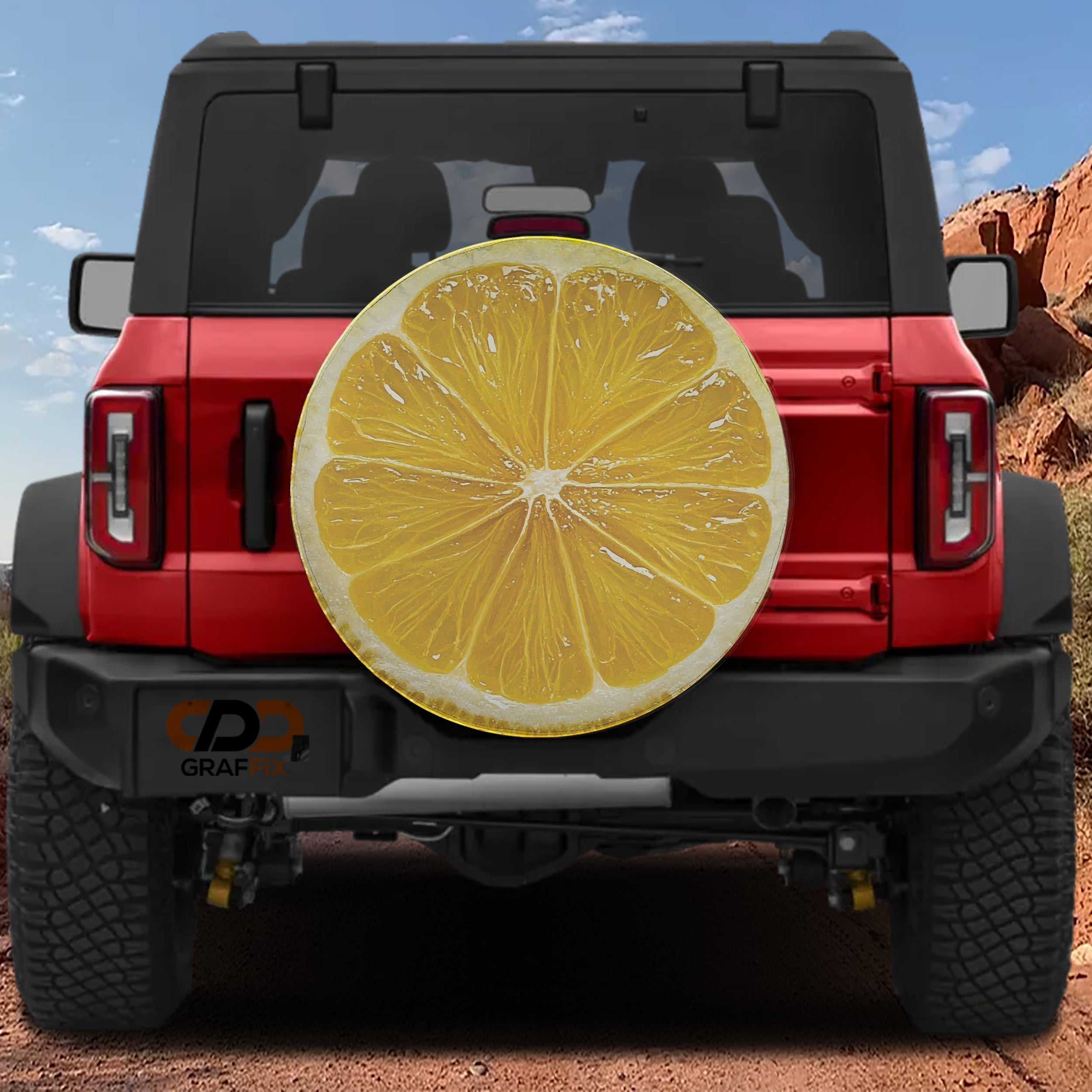 Lemon fruit spare tire cover with yellow citrus slice graphic and juicy sliced lemon design