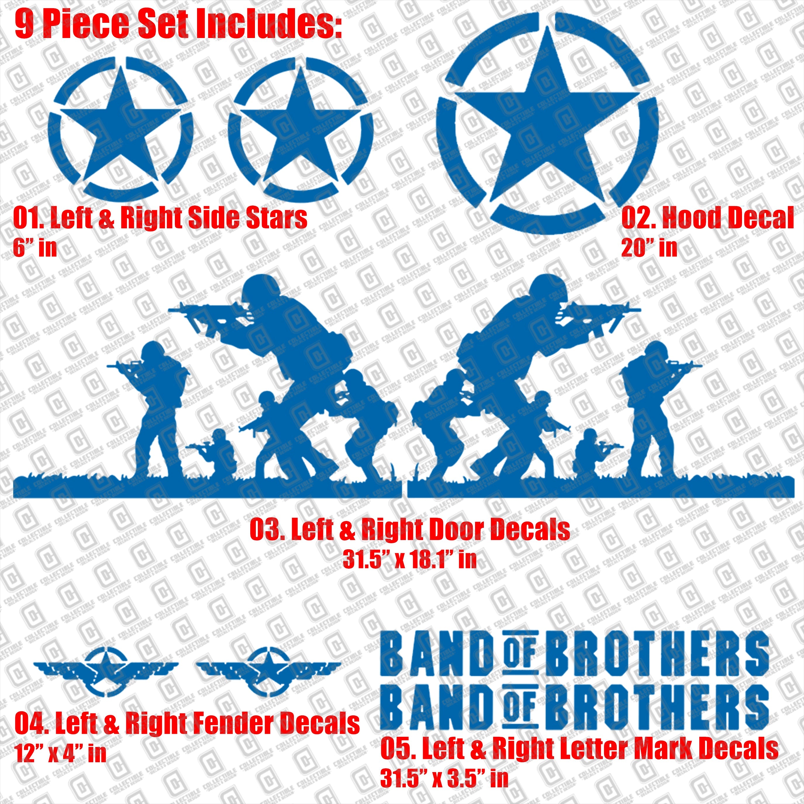 Band of Brothers US Army Veteran Military 9pc Vinyl Decal Vehicle Kit - Fits Jeep Wrangler JK/JKU/JL Gladiator JT