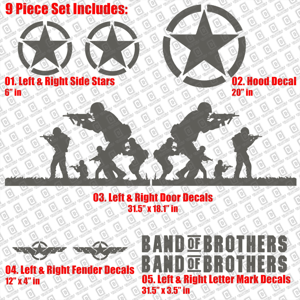 Band of Brothers US Army Veteran Military 9pc Vinyl Decal Vehicle Kit - Fits Jeep Wrangler JK/JKU/JL Gladiator JT