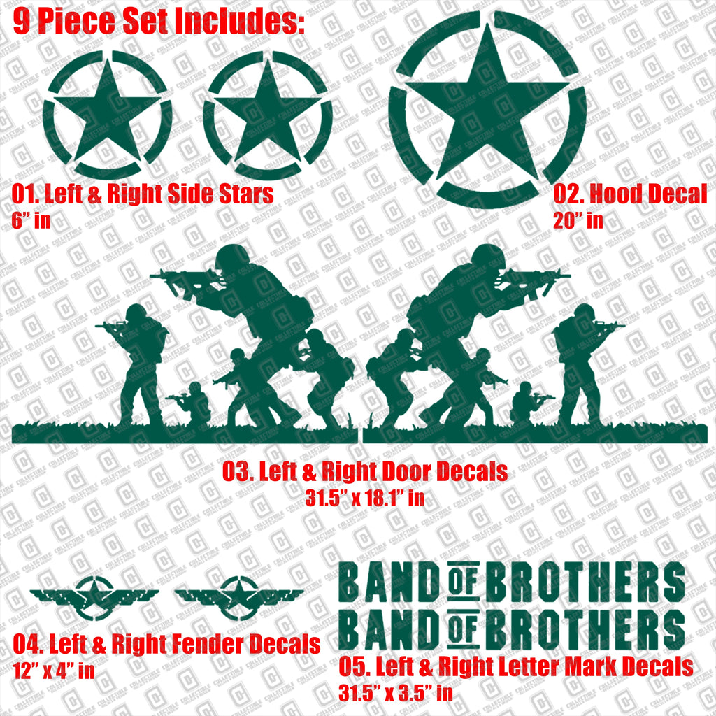 Band of Brothers US Army Veteran Military 9pc Vinyl Decal Vehicle Kit - Fits Jeep Wrangler JK/JKU/JL Gladiator JT