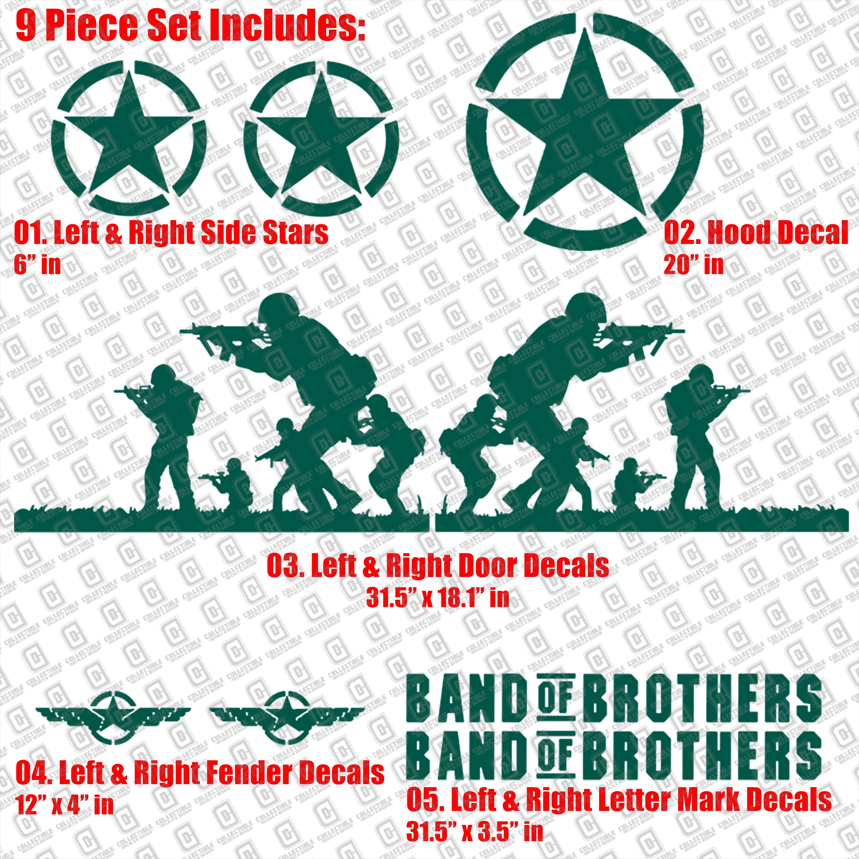Band of Brothers US Army Veteran Military 9pc Vinyl Decal Vehicle Kit - Fits Jeep Wrangler JK/JKU/JL Gladiator JT