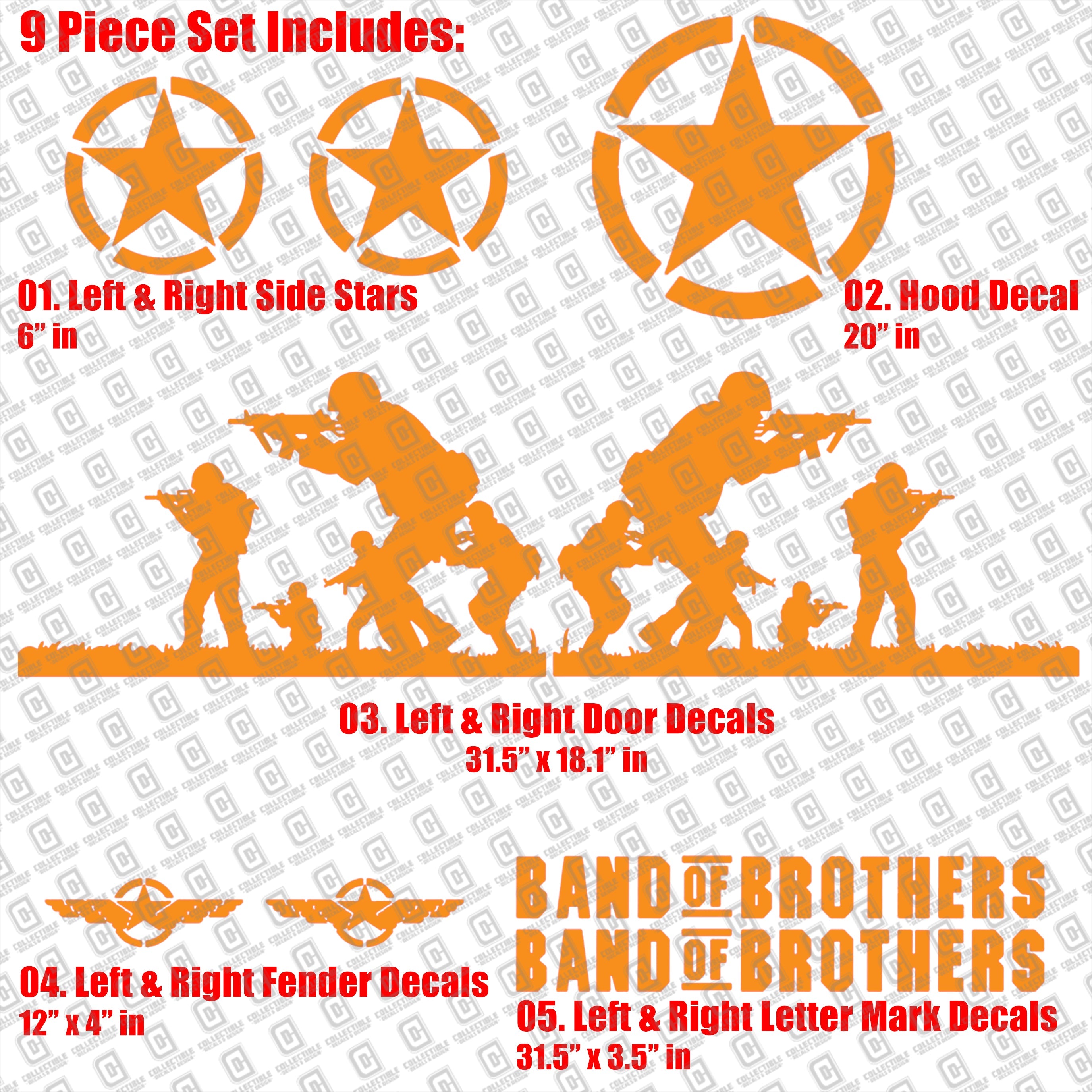 Band of Brothers US Army Veteran Military 9pc Vinyl Decal Vehicle Kit - Fits Jeep Wrangler JK/JKU/JL Gladiator JT