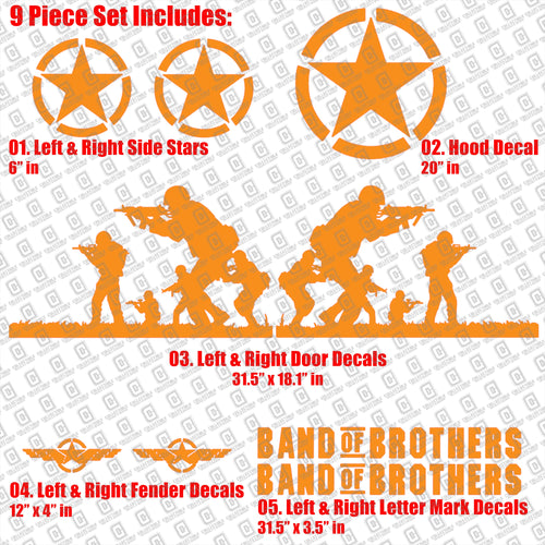 Band of Brothers US Army Veteran Military 9pc Vinyl Decal Vehicle Kit - Fits Jeep Wrangler JK/JKU/JL Gladiator JT