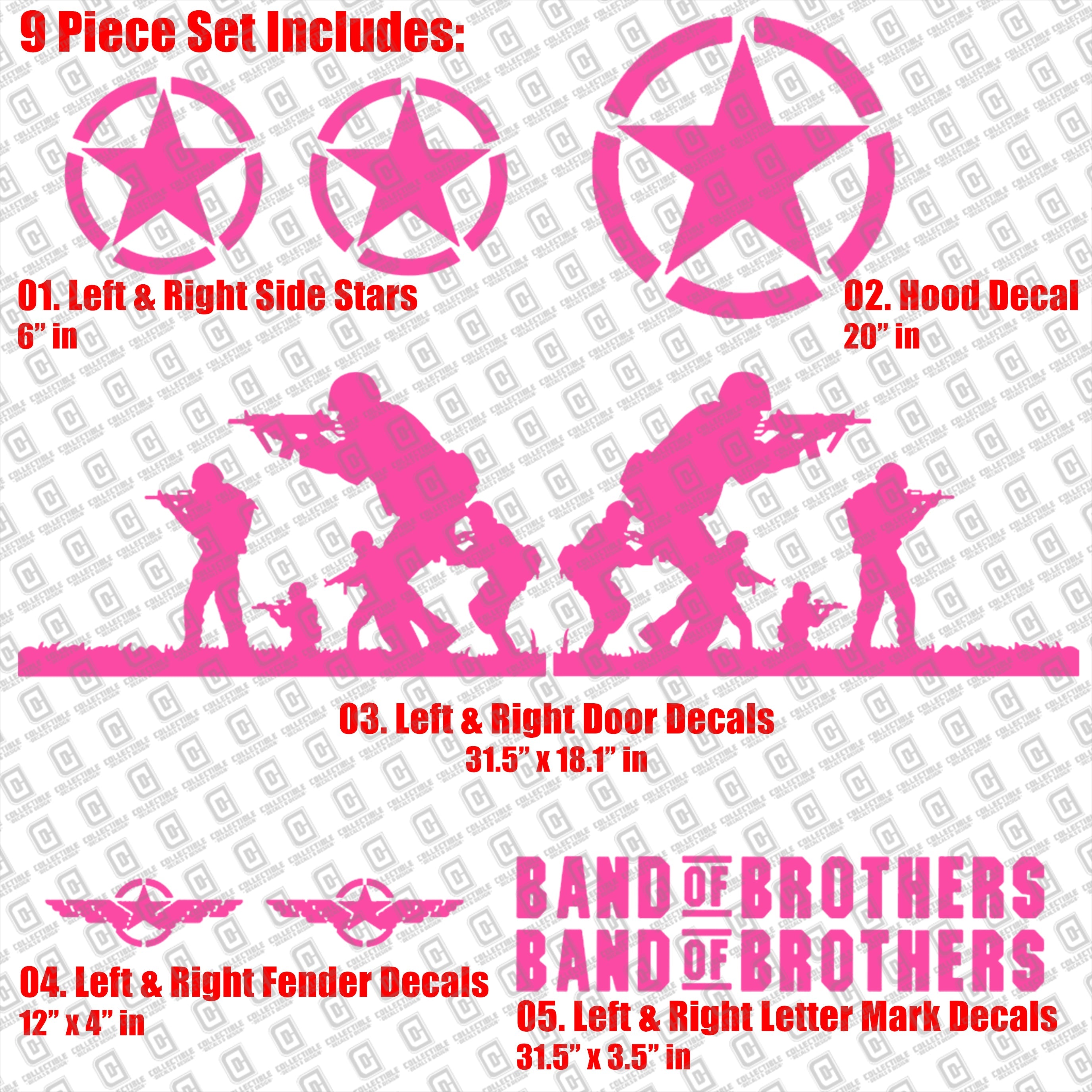 Band of Brothers US Army Veteran Military 9pc Vinyl Decal Vehicle Kit - Fits Jeep Wrangler JK/JKU/JL Gladiator JT