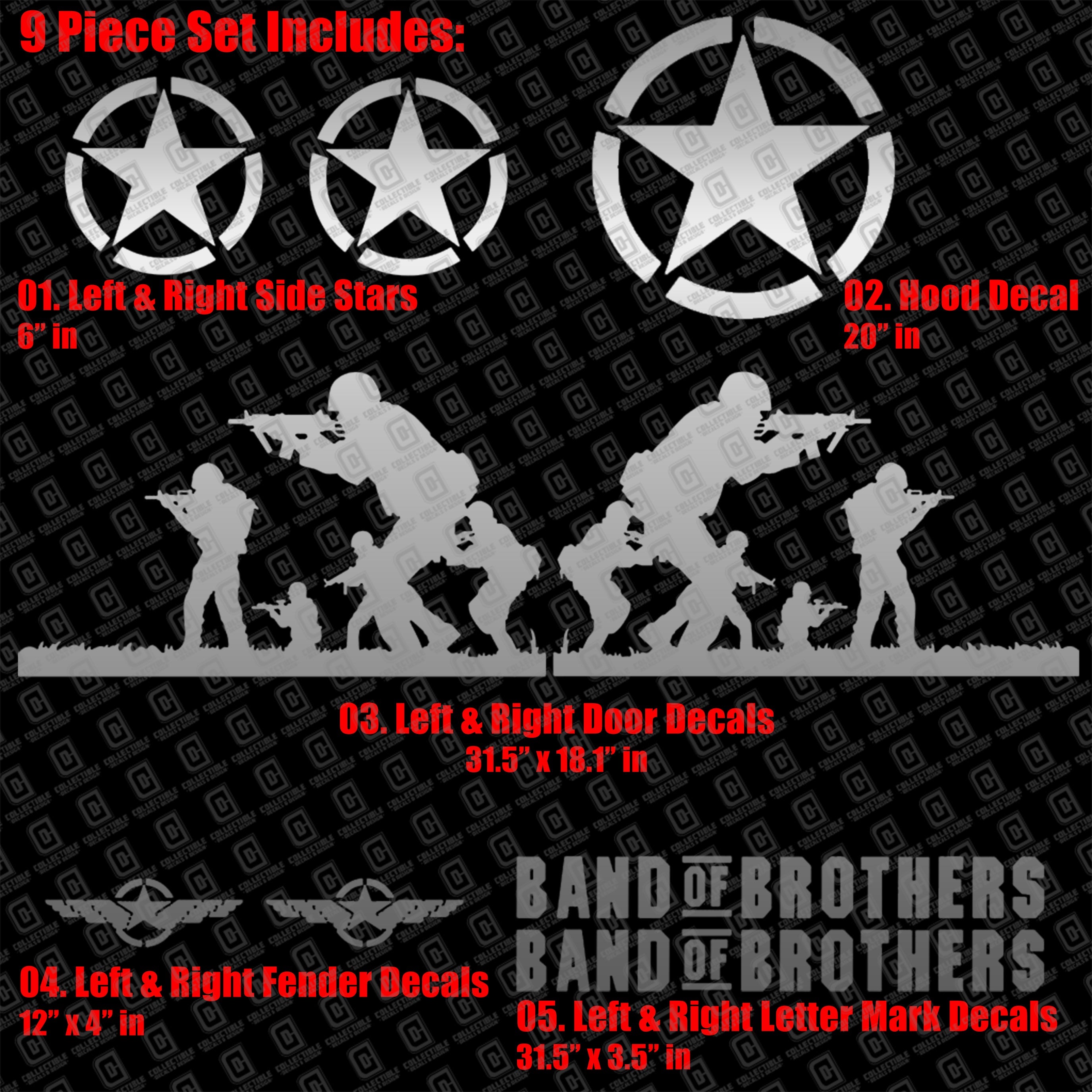 Band of Brothers US Army Veteran Military 9pc Vinyl Decal Vehicle Kit - Fits Jeep Wrangler JK/JKU/JL Gladiator JT