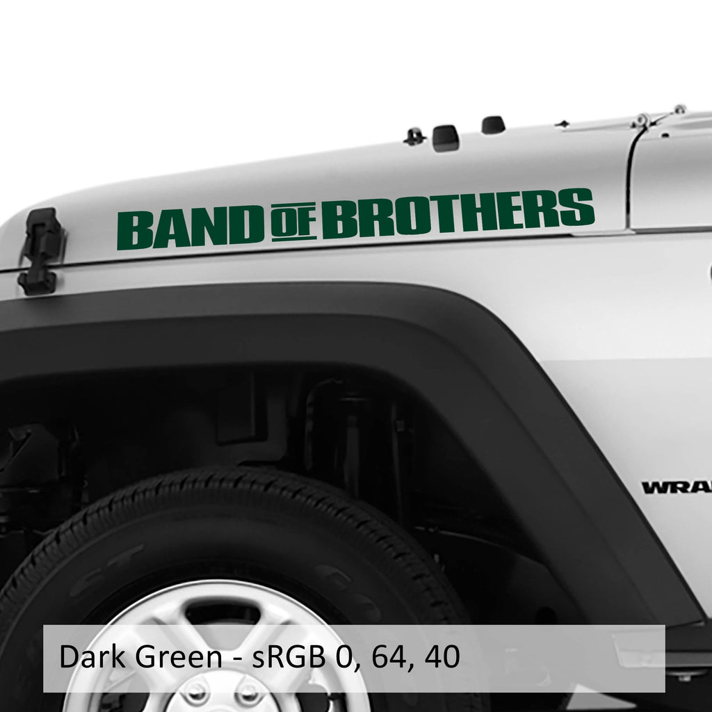Dark-green BAND OF BROTHERS hood-side lettering pair shown over a Jeep Wrangler fender with sRGB color swatch