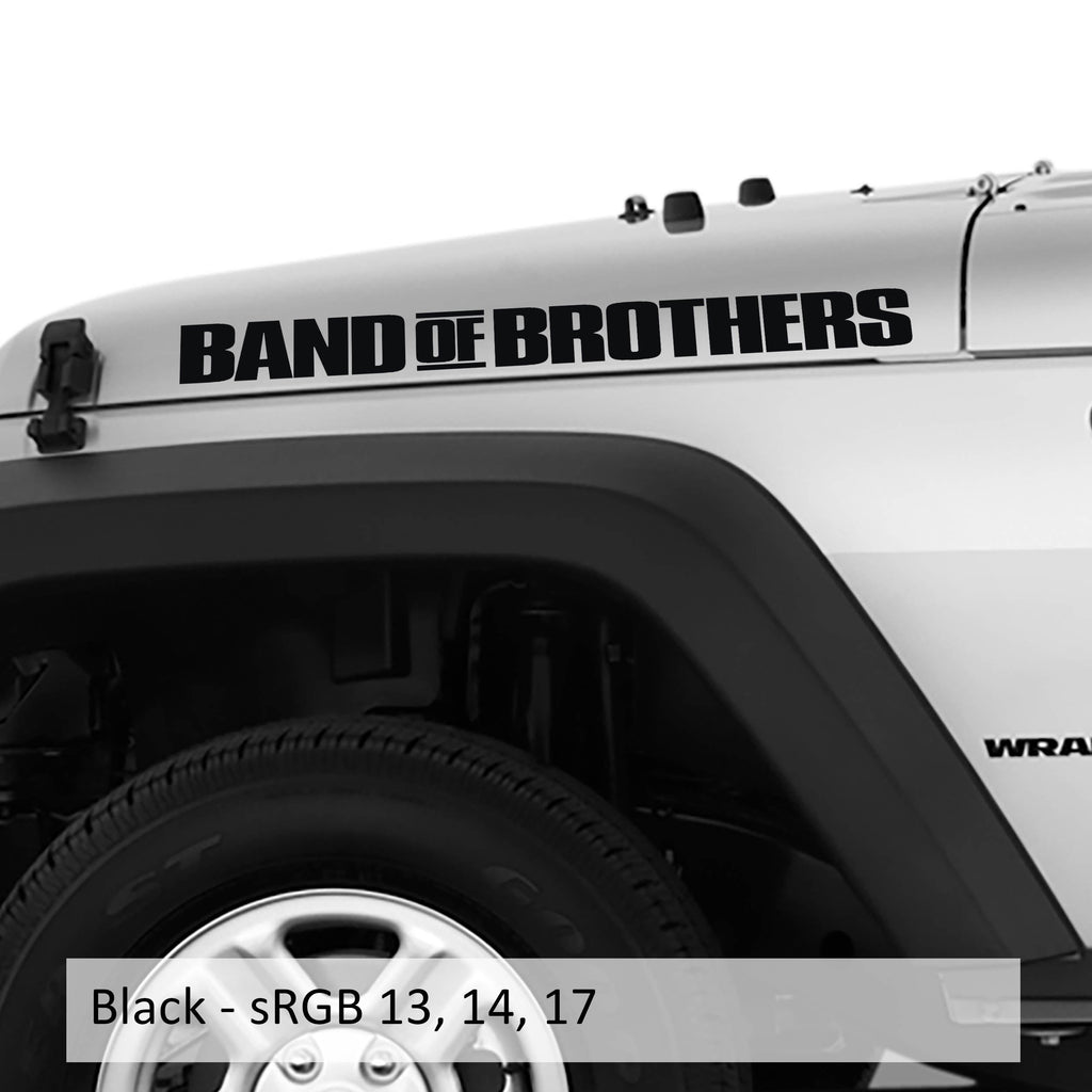 Bold black BAND OF BROTHERS hood-side decal applied to a white Jeep Wrangler with sRGB 13 14 17 color swatch