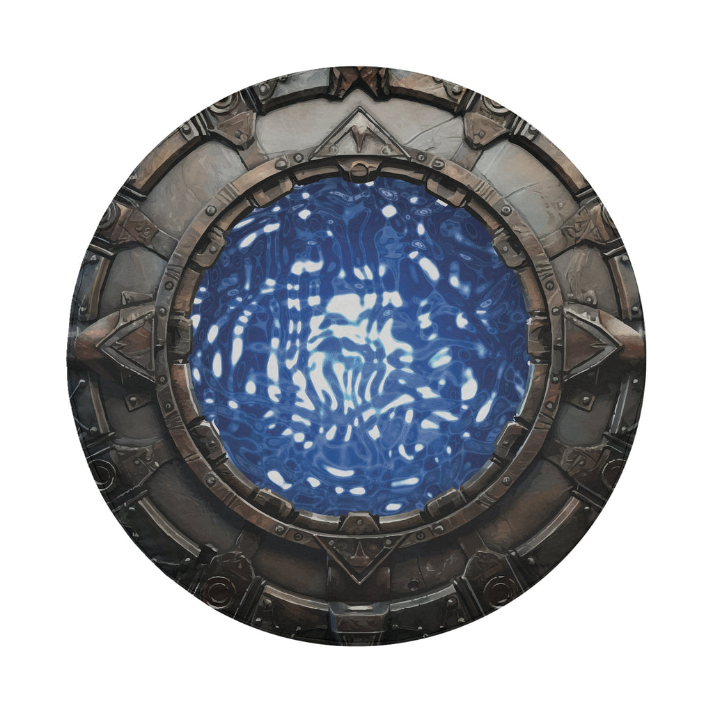Space Arch Portal tire cover Jeep Wrangler rear mount showing ancient stone ring with blue portal art