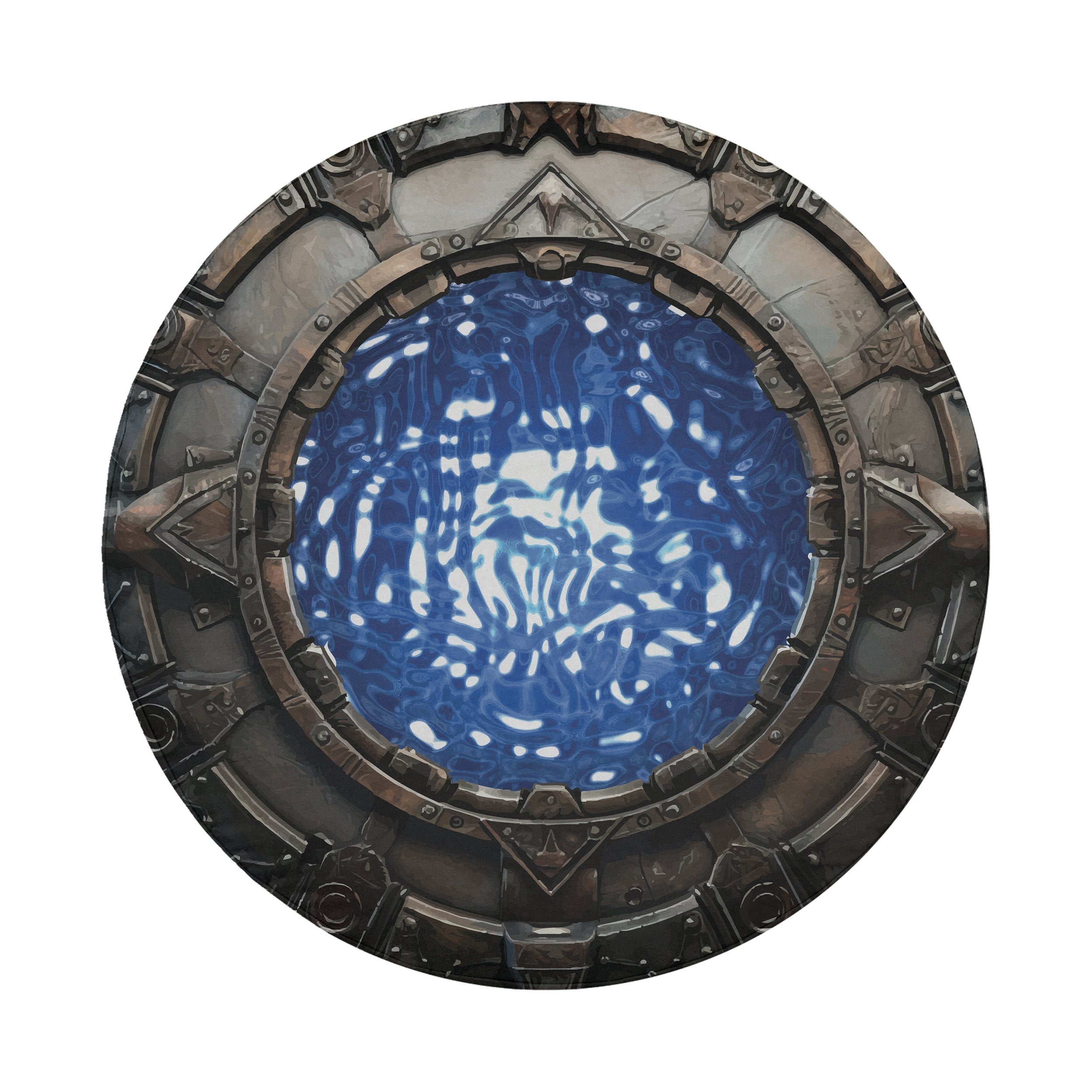 Space Arch Portal tire cover Jeep Wrangler rear mount showing ancient stone ring with blue portal art