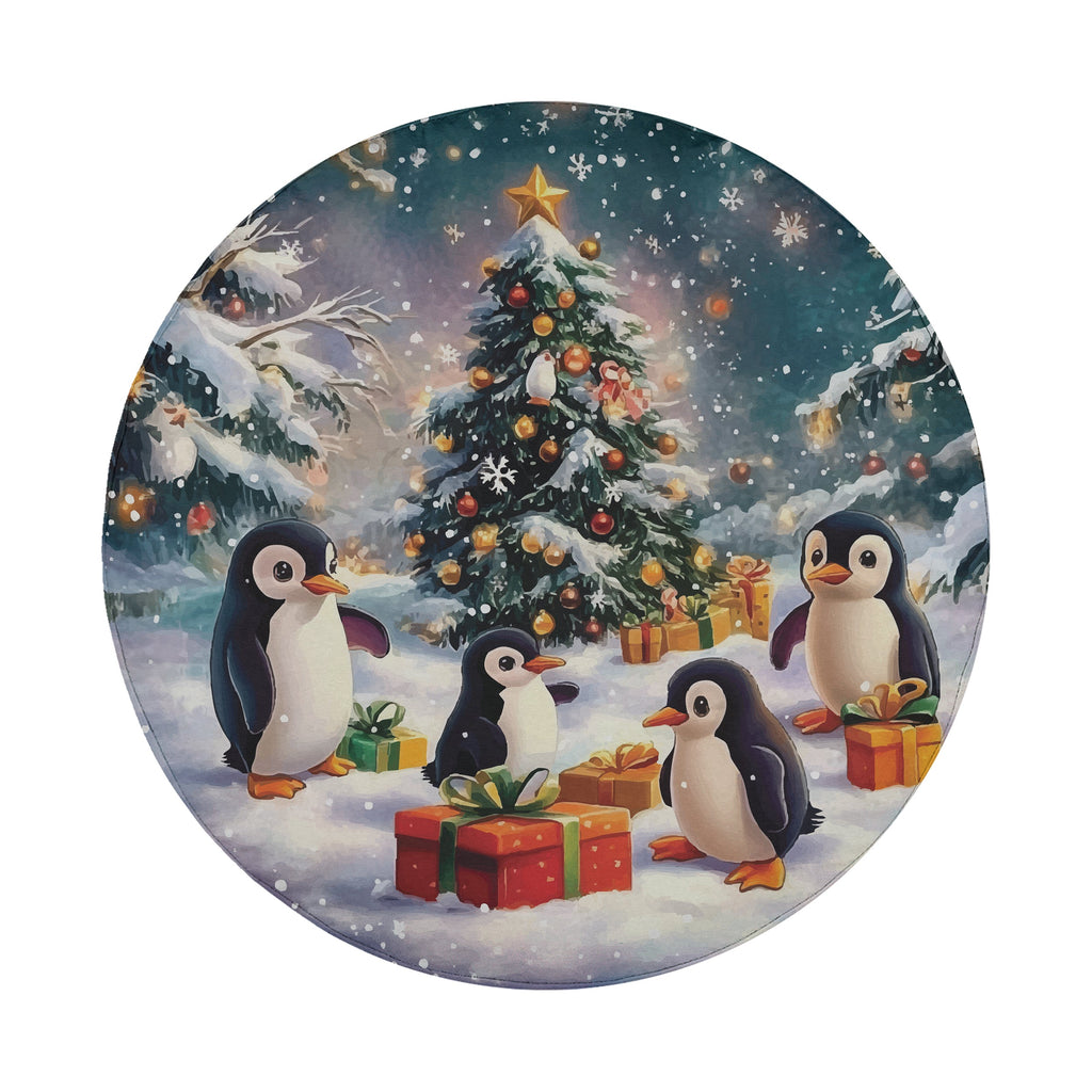 Penguin Present Parade spare tire cover alternate flat view of penguins delivering wrapped presents in snowy night