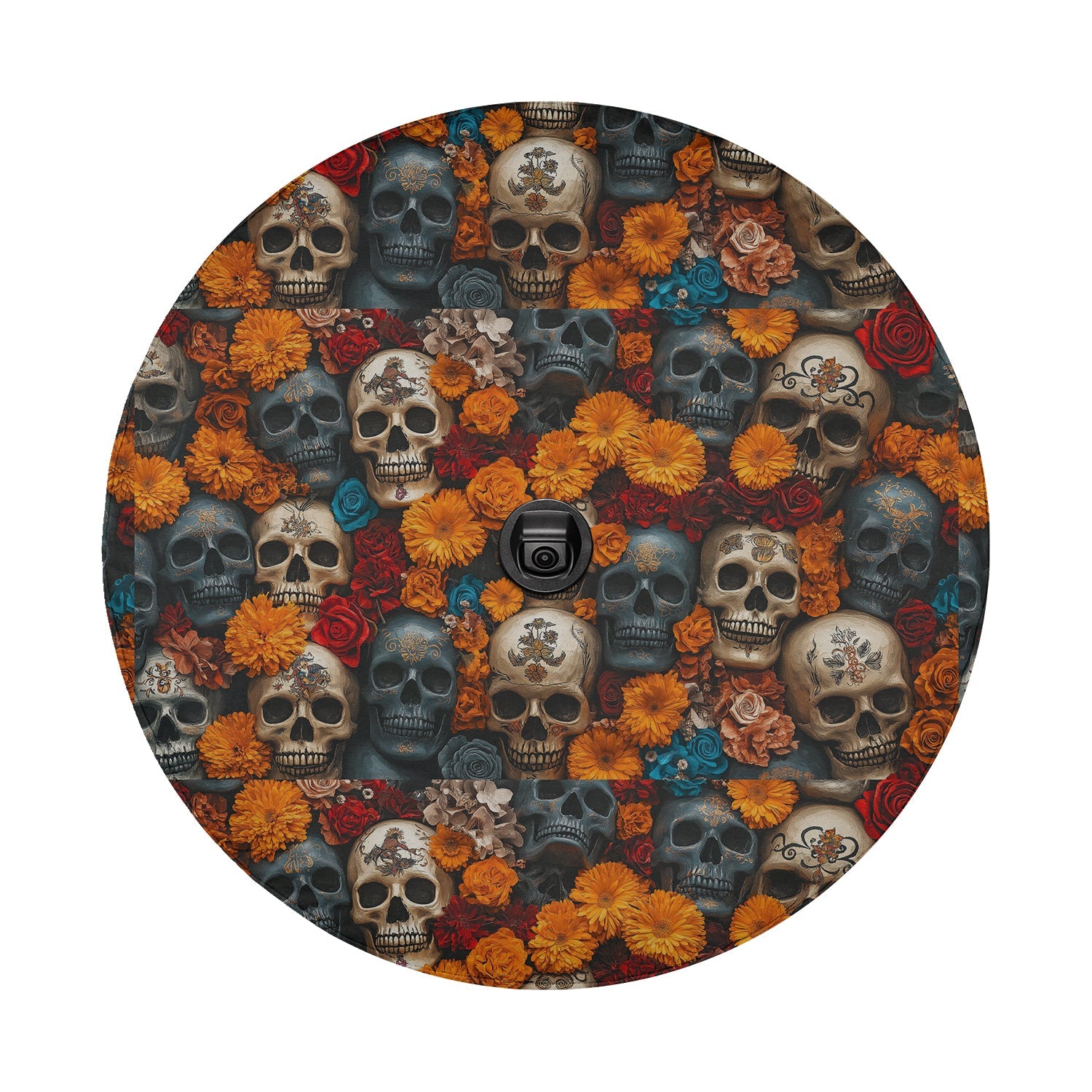 Flowers and skulls tire cover flat round front with marigold blooms, red roses, and stacked aged skull pile