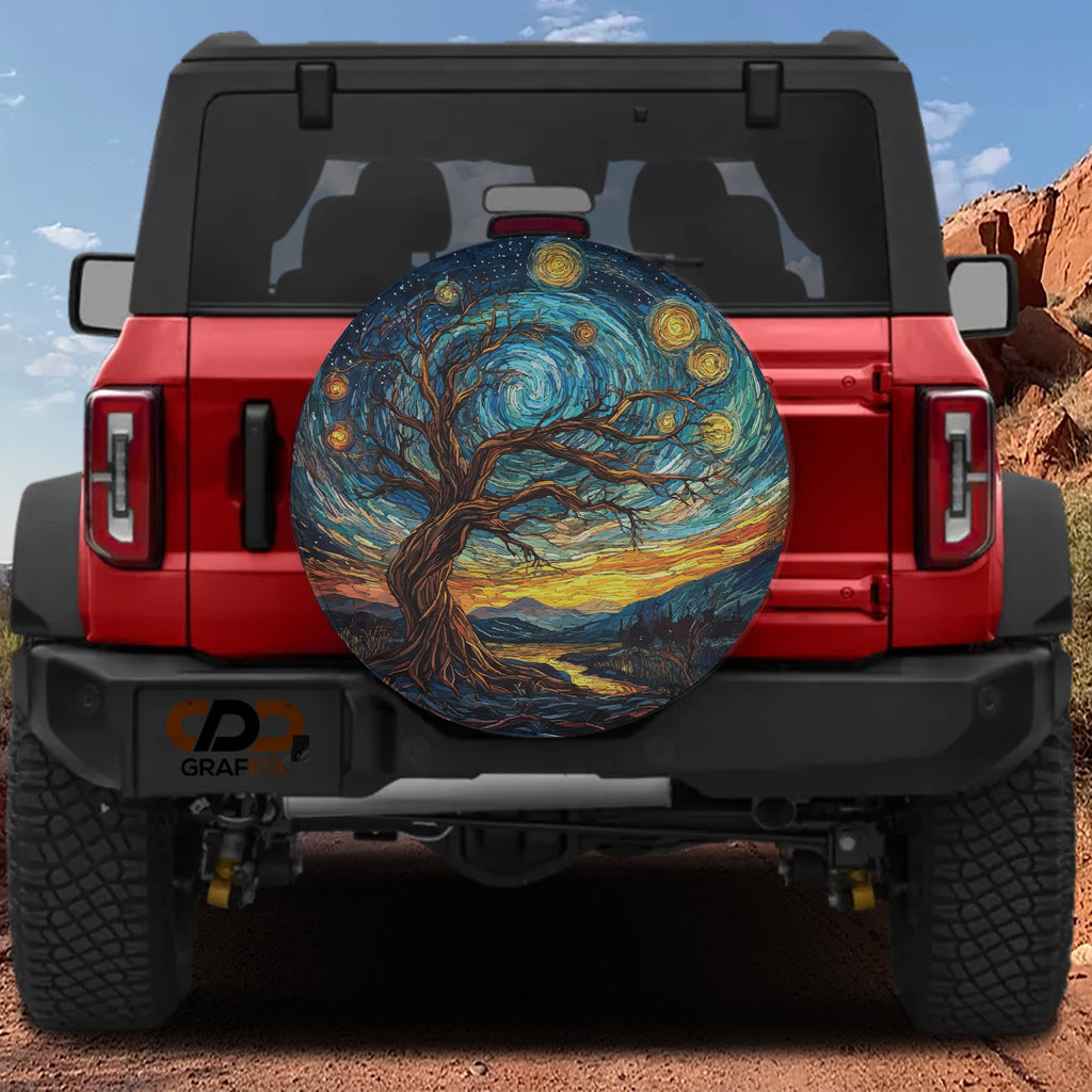 Abstract Sunset Skyline spare tire cover alternate flat view with stylized urban skyline against warm sunset