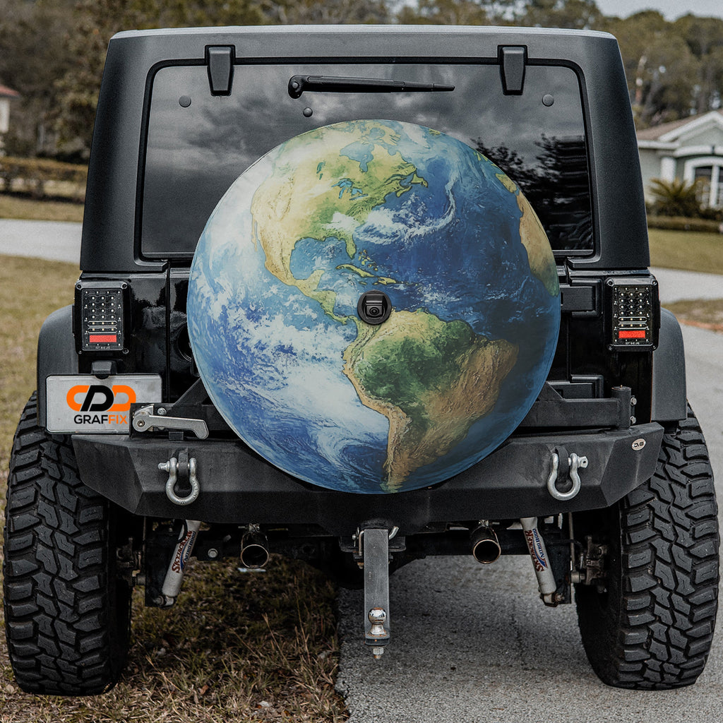 Planet Earth spare tire cover fabric and grommet closeup detail view